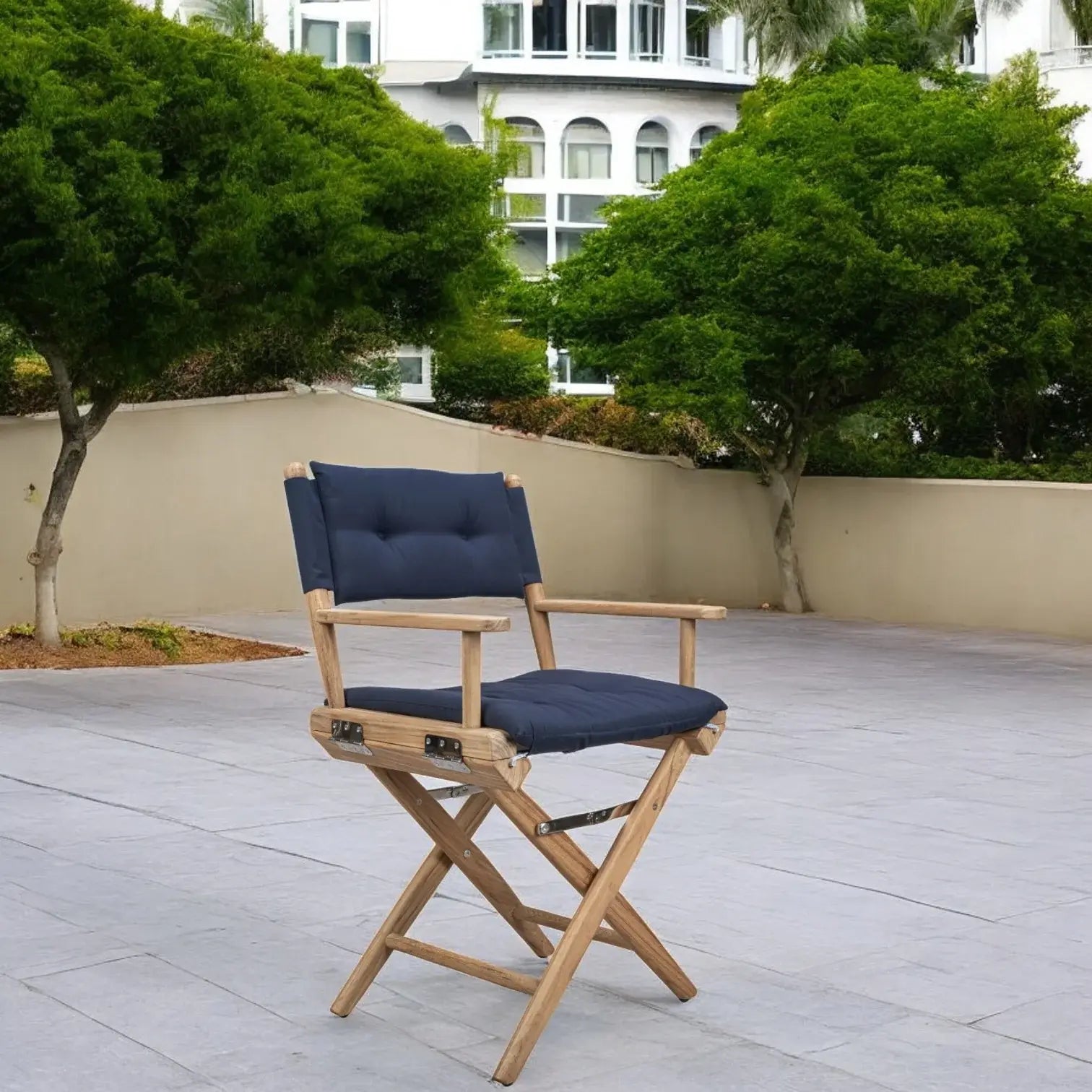 Navy Blue And Brown Solid Wood Director Chair With Navy Blue Cushion - Homeroots - Flyclothing LLC