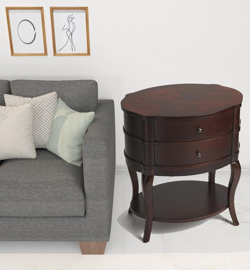 26" Dark Brown And Cherry Solid And Manufactured Wood Oval End Table With Two Drawers And Shelf - Homeroots - Flyclothing LLC