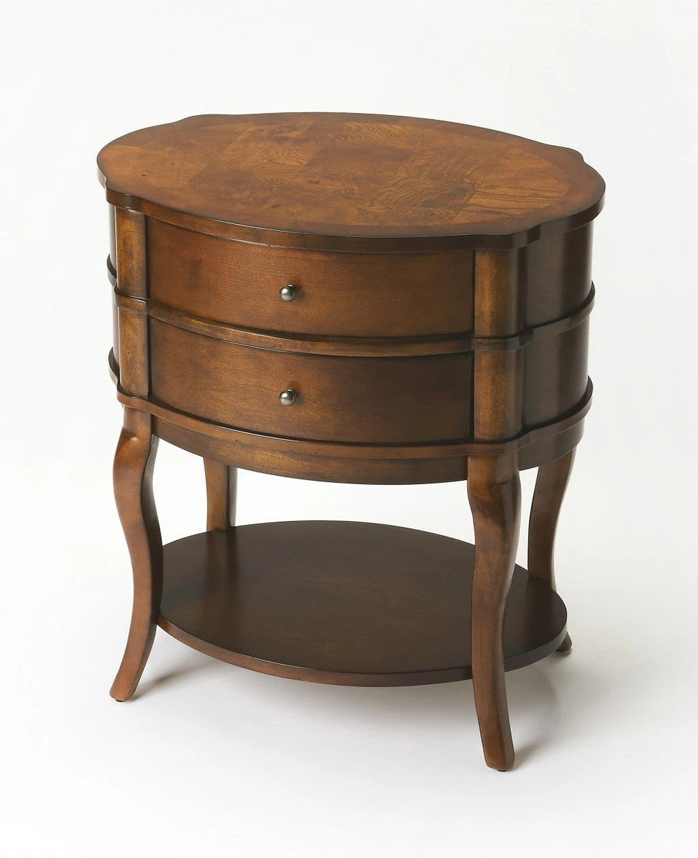 26" Medium Brown And Umber Solid And Manufactured Wood Oval End Table With Two Drawers And Shelf - Homeroots