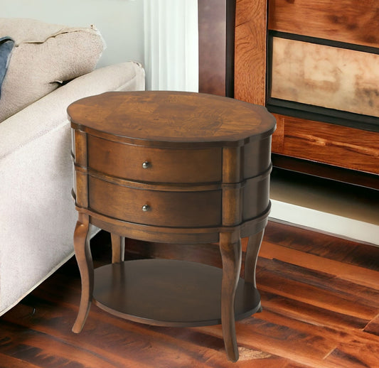 26" Medium Brown And Umber Solid And Manufactured Wood Oval End Table With Two Drawers And Shelf - Homeroots