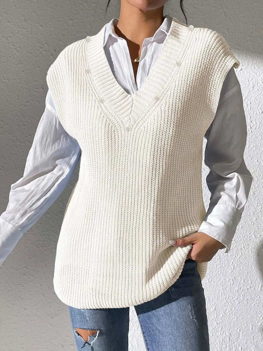 Pearl Trim V-Neck Sweater Vest - Trendsi - Flyclothing LLC
