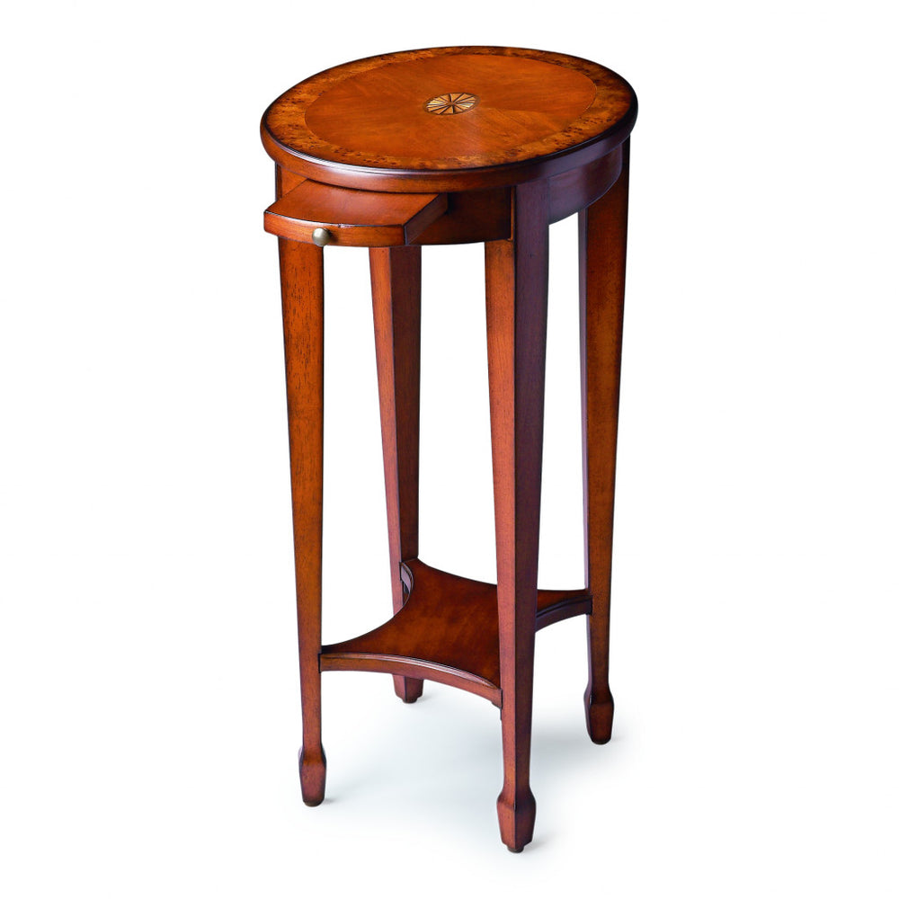 26" Medium Brown And Olive Ash Manufactured Wood Oval End Table With Shelf