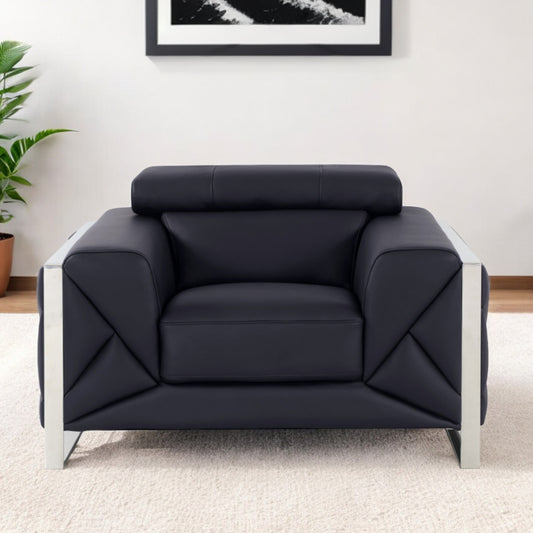 48" Black And Silver Italian Leather Club Chair - Homeroots