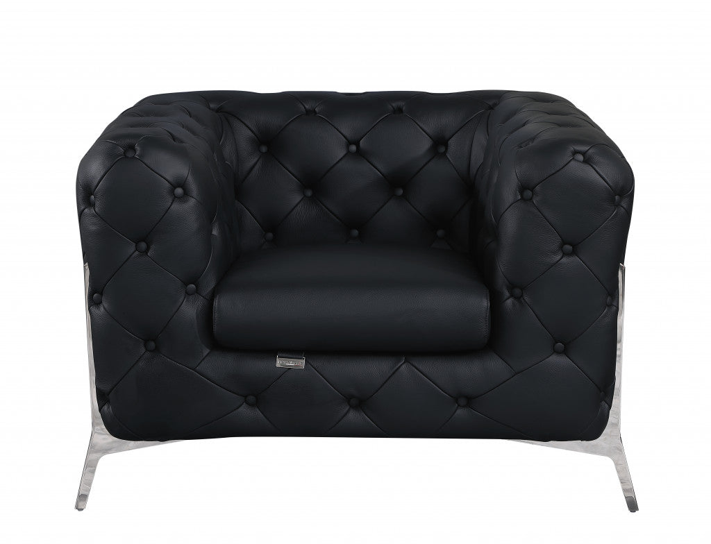 45" Black And Silver Italian Leather Tufted Chesterfield Chair - Homeroots - Flyclothing LLC