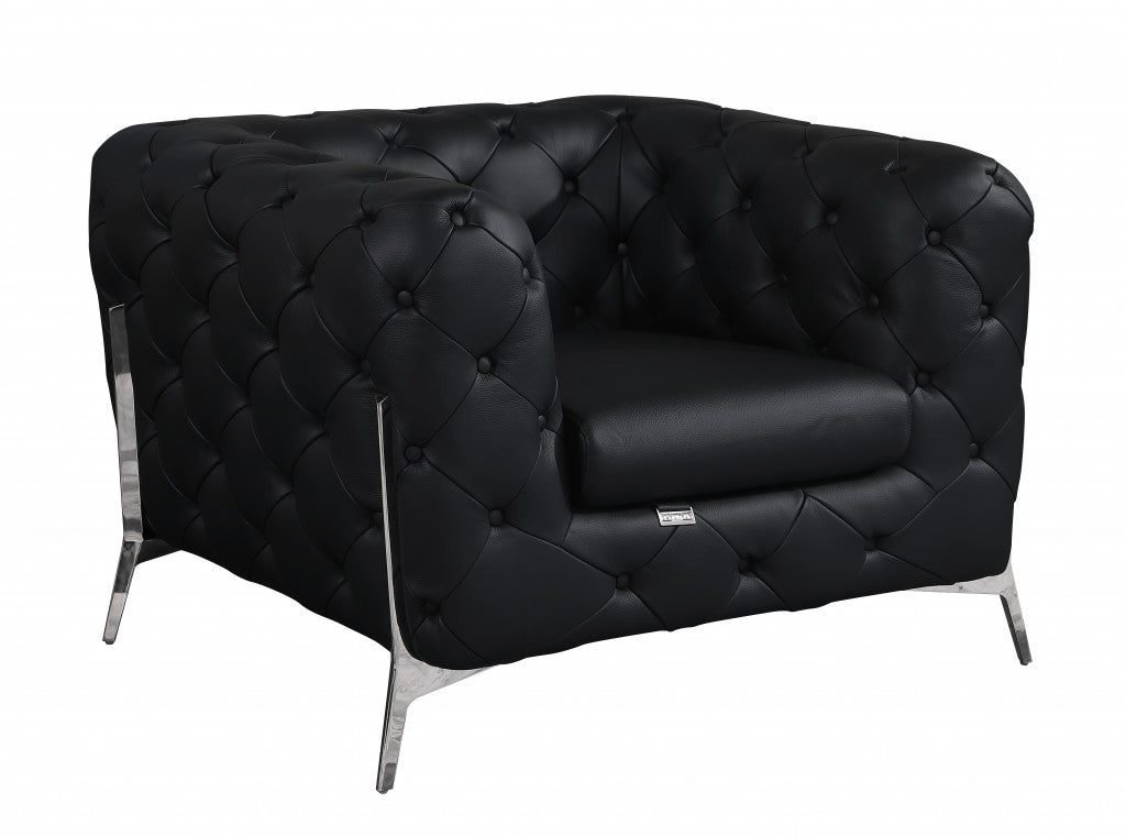 45" Black And Silver Italian Leather Tufted Chesterfield Chair - Homeroots - Flyclothing LLC