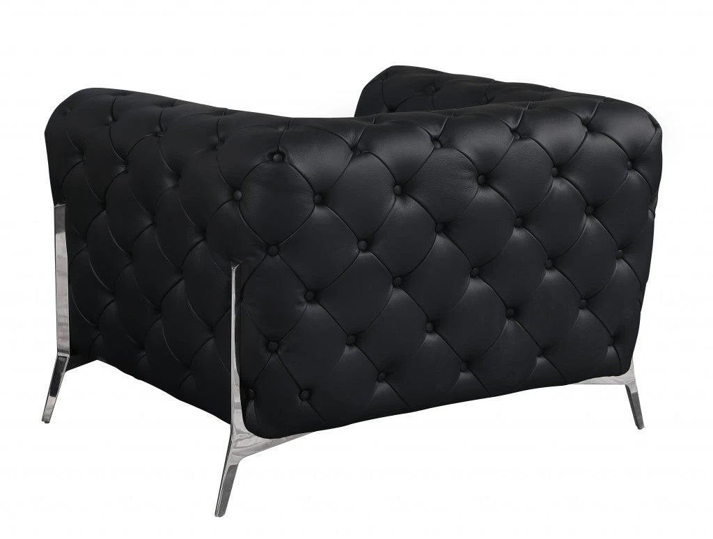 45" Black And Silver Italian Leather Tufted Chesterfield Chair - Homeroots - Flyclothing LLC