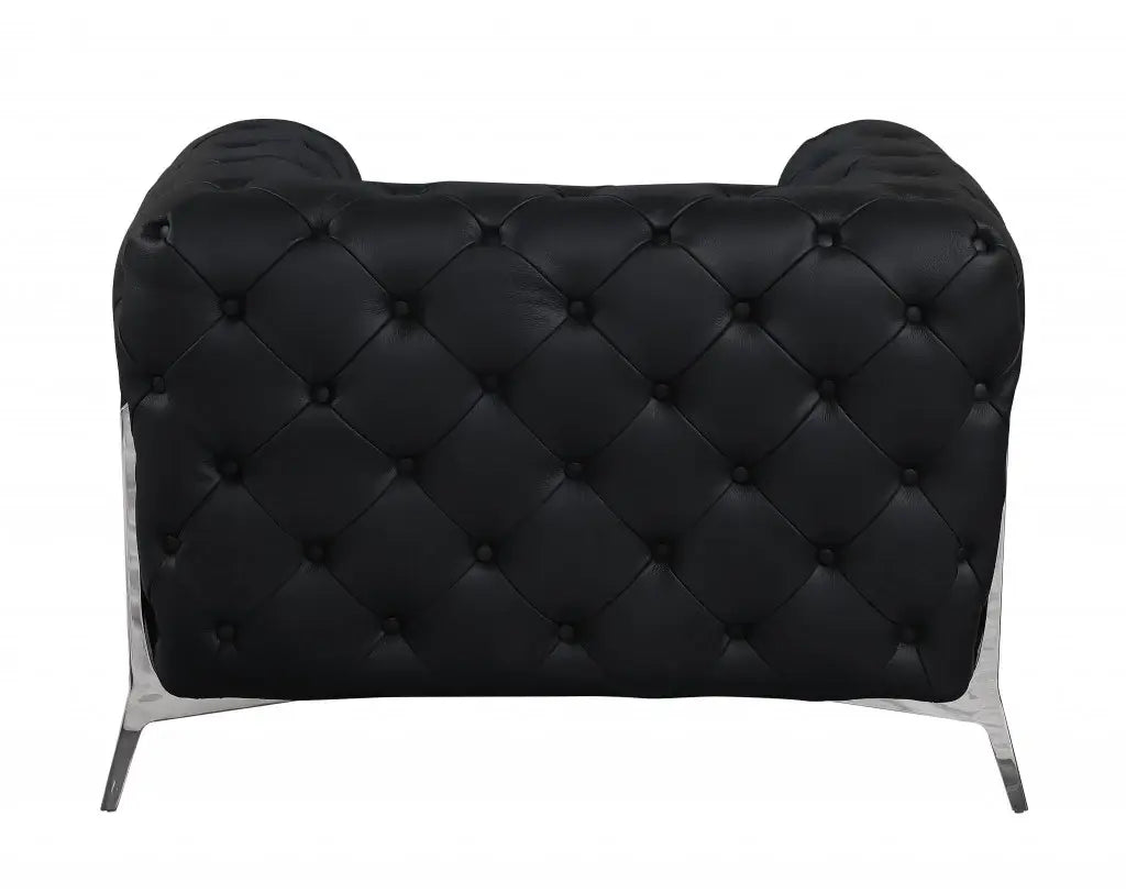 45" Black And Silver Italian Leather Tufted Chesterfield Chair - Homeroots - Flyclothing LLC