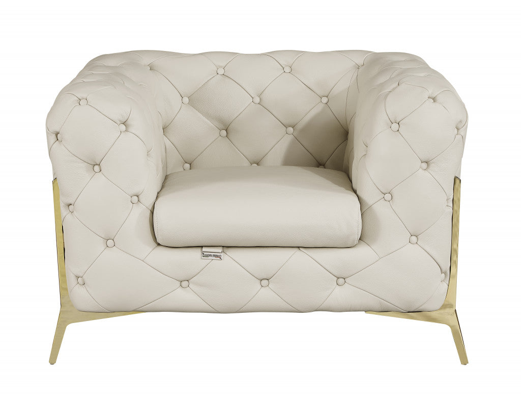45" Beige And Gold Italian Leather Tufted Chesterfield Chair - Homeroots - Flyclothing LLC