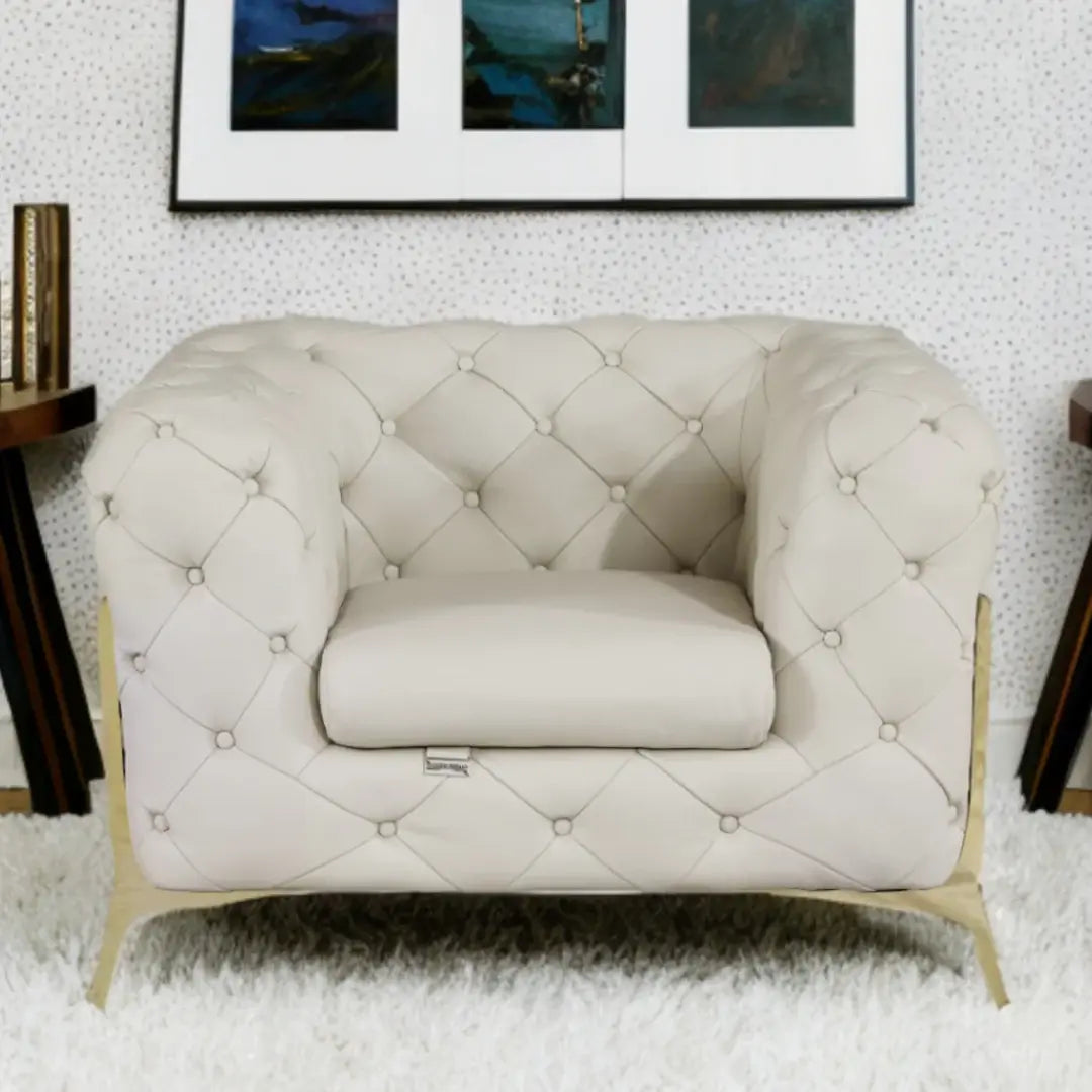 45" Beige And Gold Italian Leather Tufted Chesterfield Chair - Homeroots - Flyclothing LLC