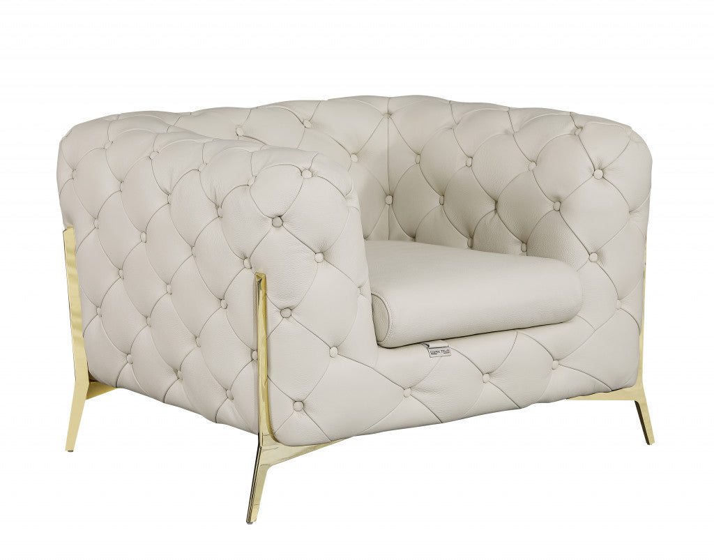 45" Beige And Gold Italian Leather Tufted Chesterfield Chair - Homeroots - Flyclothing LLC