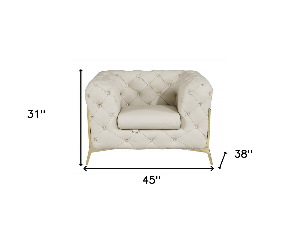 45" Beige And Gold Italian Leather Tufted Chesterfield Chair - Homeroots