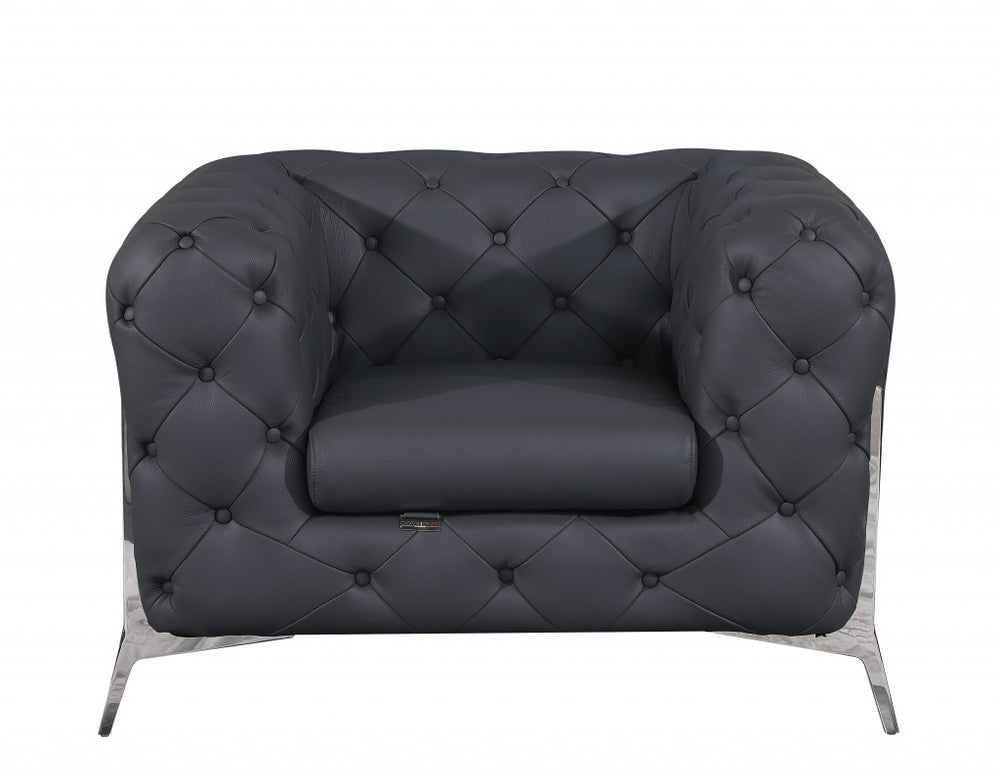 Glam Gray and Chrome Tufted Leather Armchair - Homeroots