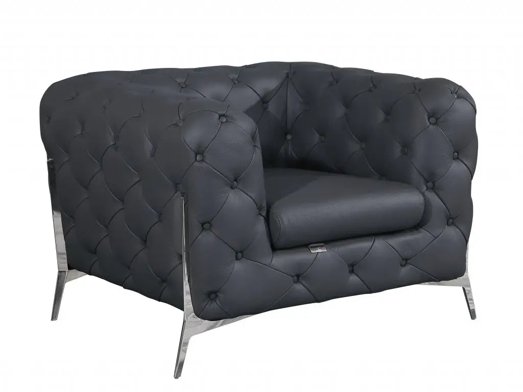 Glam Gray and Chrome Tufted Leather Armchair - Homeroots - Flyclothing LLC