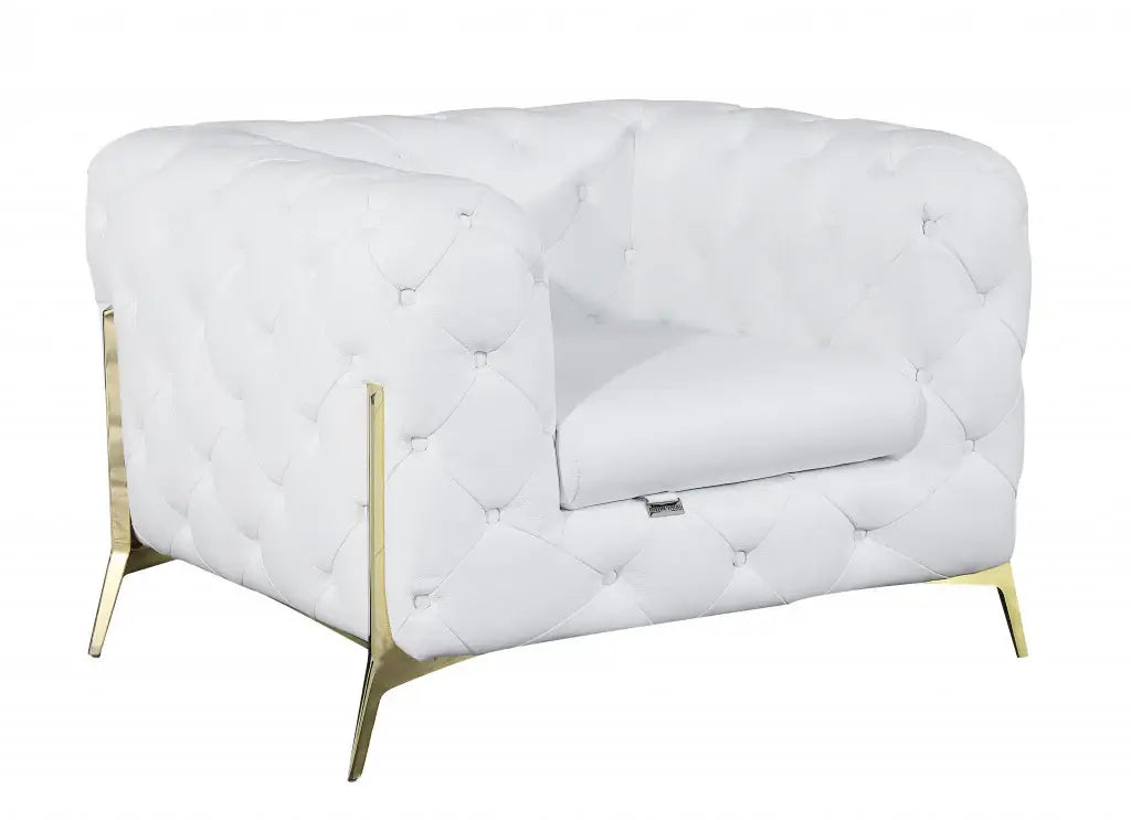 Glam White and Gold Tufted Leather Armchair - Homeroots - Flyclothing LLC