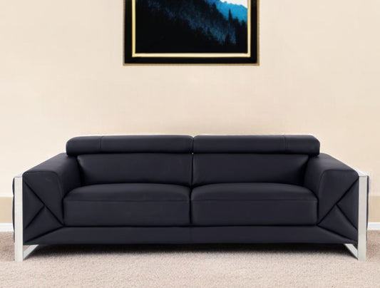 89" Black Italian Leather Sofa With Silver Legs - Homeroots