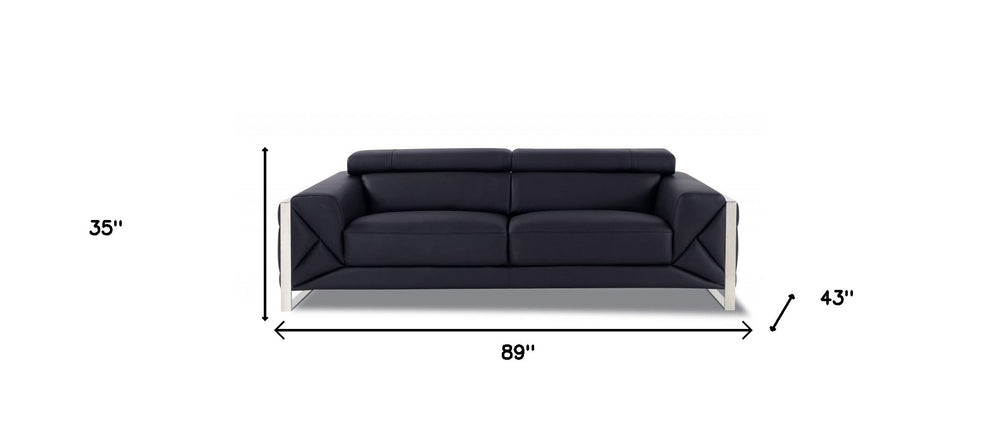 89" Black Italian Leather Sofa With Silver Legs - Homeroots - Flyclothing LLC