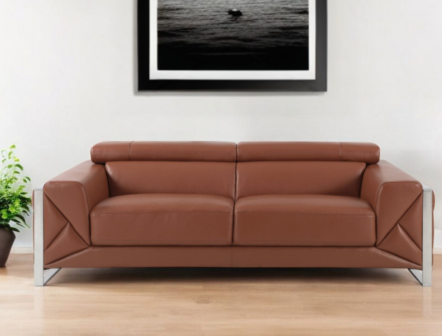 89" Camel Italian Leather Sofa With Silver Legs - Homeroots - Flyclothing LLC