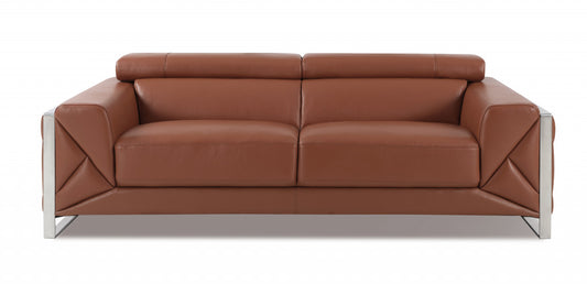 89" Camel Italian Leather Sofa With Silver Legs - Homeroots