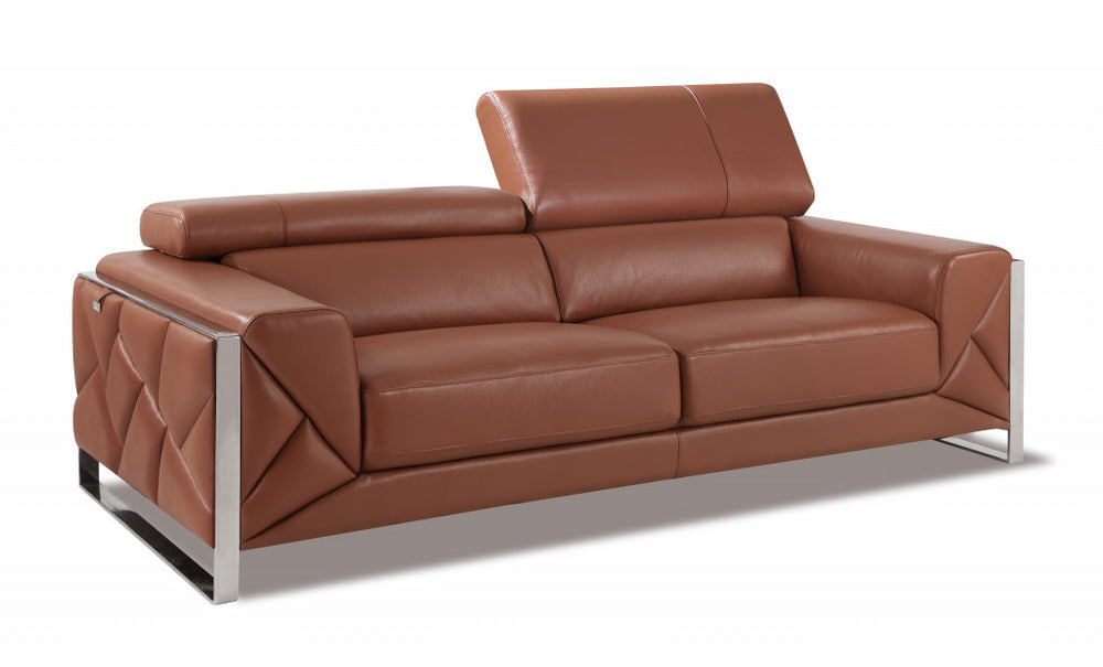 89" Camel Italian Leather Sofa With Silver Legs - Homeroots - Flyclothing LLC