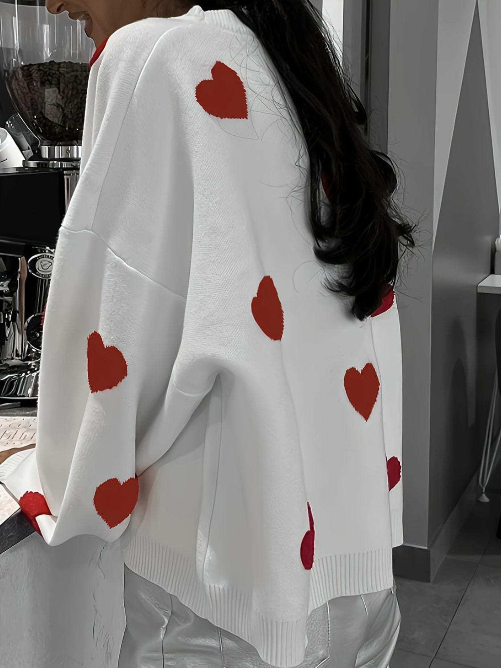 Valentine’s Day Heart Round Neck Long Sleeve Sweater - Trendsi - Flyclothing LLC