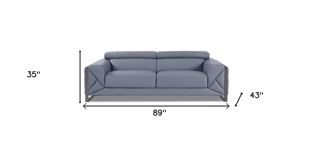 89" Light Blue Italian Leather Sofa With Chrome Legs - Homeroots - Flyclothing LLC