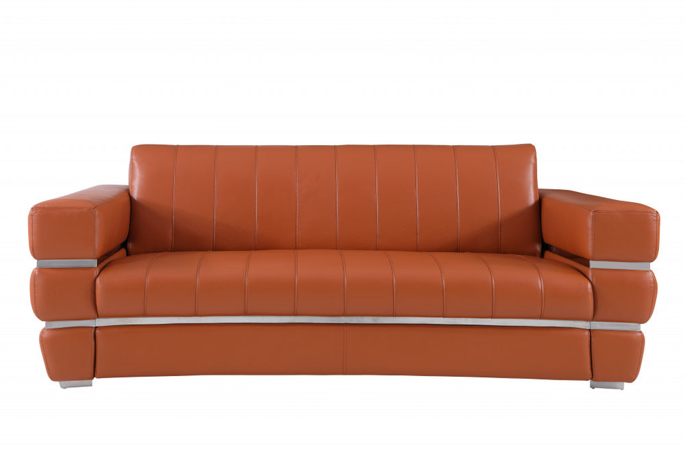 89" Camel Italian Leather Sofa With Silver Legs - Homeroots - Flyclothing LLC
