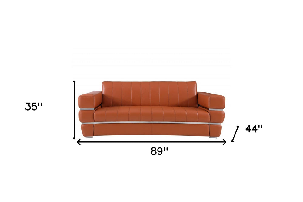 89" Camel Italian Leather Sofa With Silver Legs - Homeroots - Flyclothing LLC