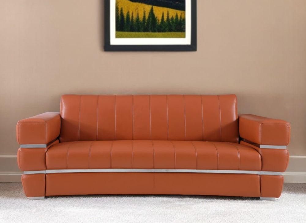 89" Camel Italian Leather Sofa With Silver Legs - Homeroots
