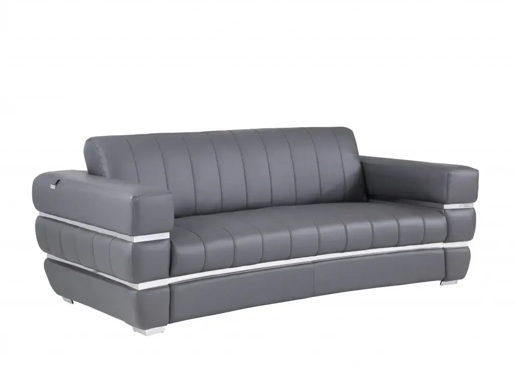 89" Dark Gray Italian Leather Sofa With Silver Legs - Homeroots - Flyclothing LLC