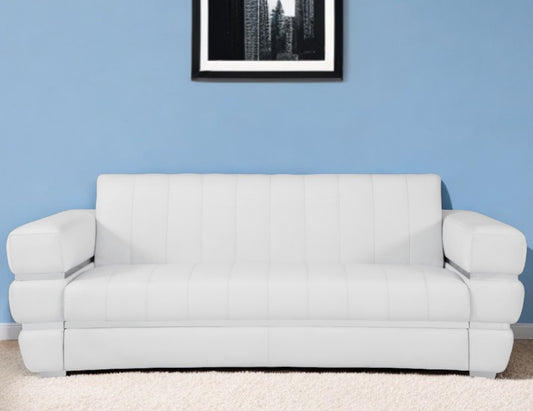 89" White Italian Leather Sofa With Silver Legs - Homeroots