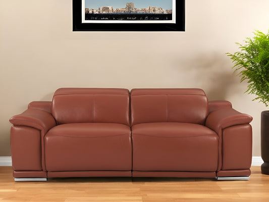 86" Camel Italian Leather USB Reclining Sofa With Silver Legs - Homeroots