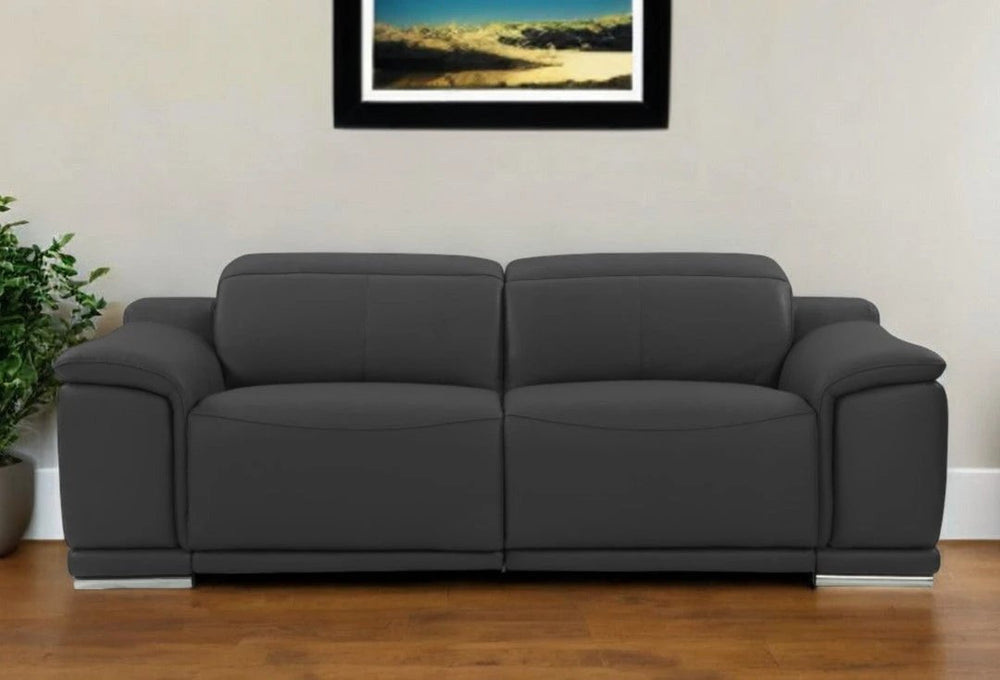 86" Dark Gray Italian Leather USB Reclining Sofa With Silver Legs - Homeroots