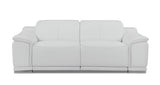 86" White Italian Leather USB Reclining Sofa With Silver Legs
