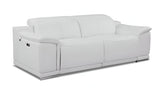 86" White Italian Leather USB Reclining Sofa With Silver Legs