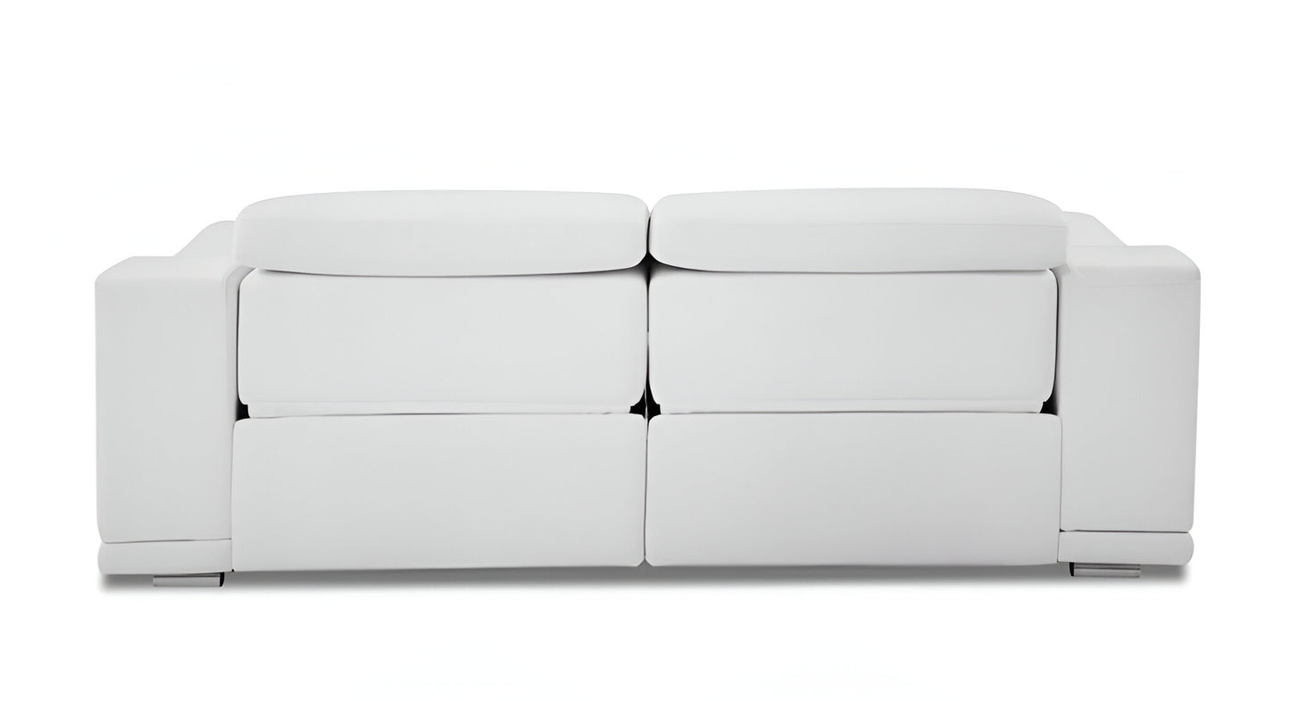86" White Italian Leather USB Reclining Sofa With Silver Legs - Homeroots - Flyclothing LLC