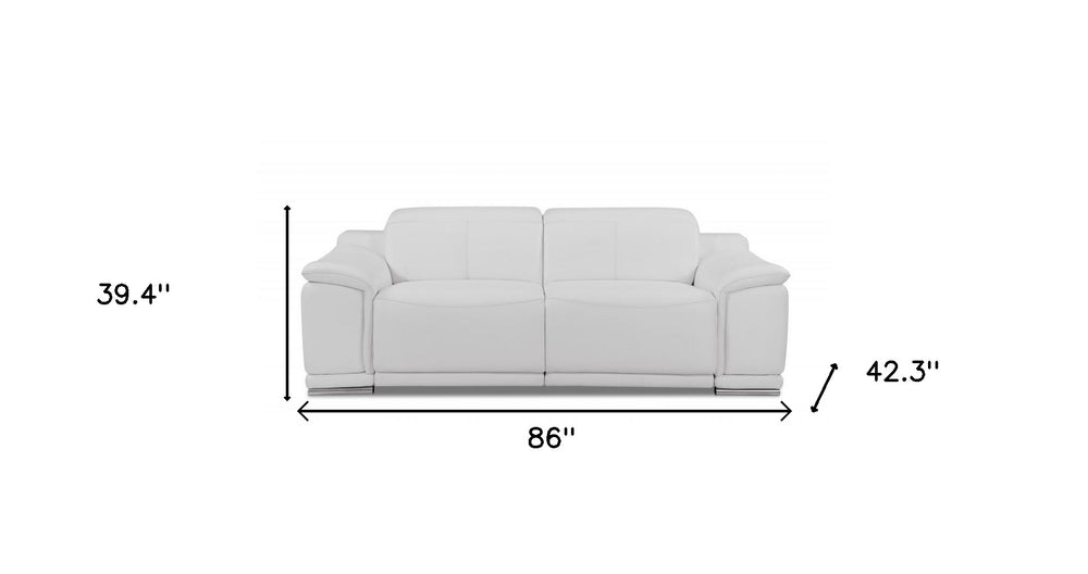 86" White Italian Leather USB Reclining Sofa With Silver Legs - Homeroots - Flyclothing LLC