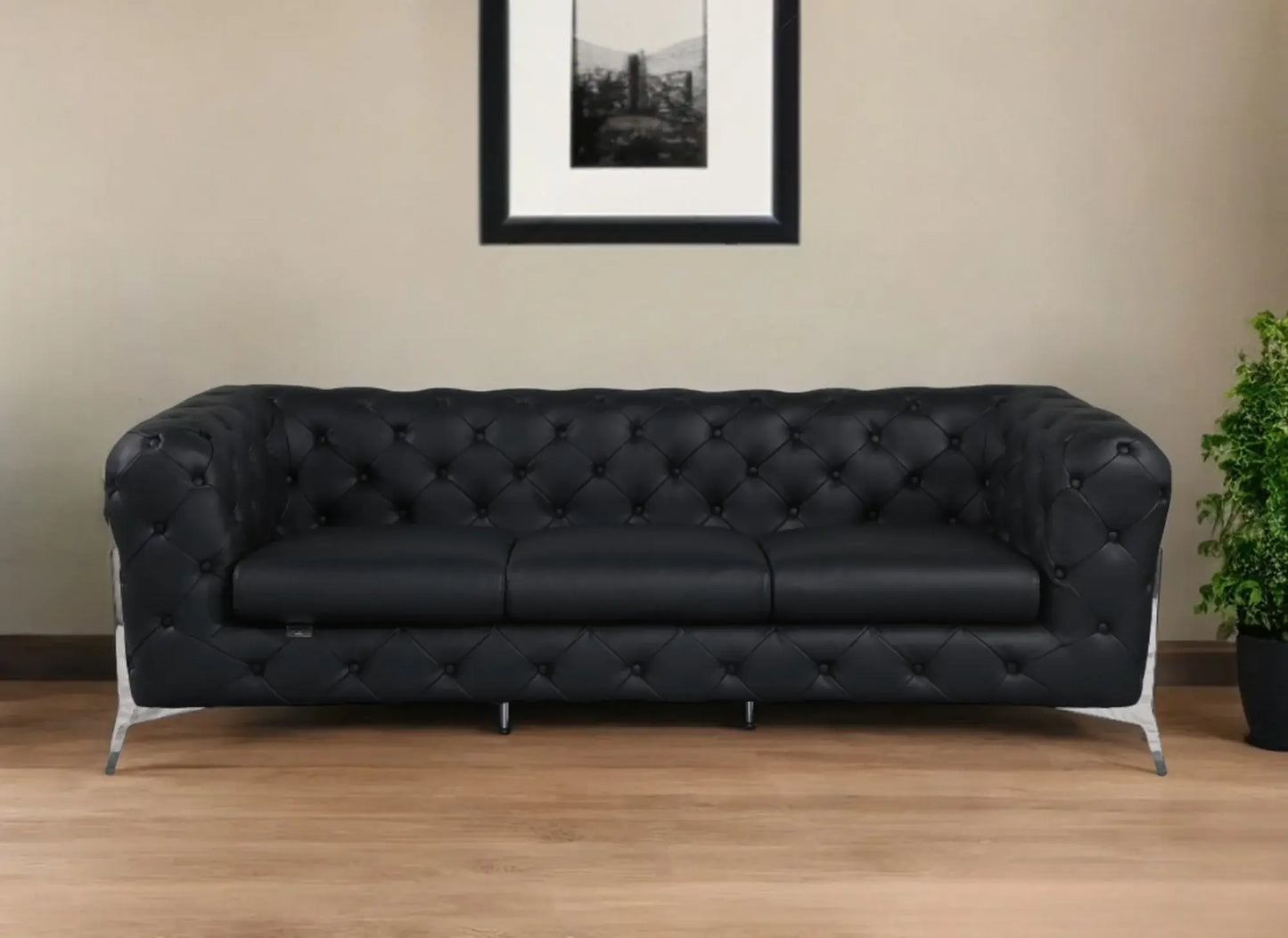 93" Black Italian Leather Chesterfield Sofa With Silver Legs - Homeroots - Flyclothing LLC