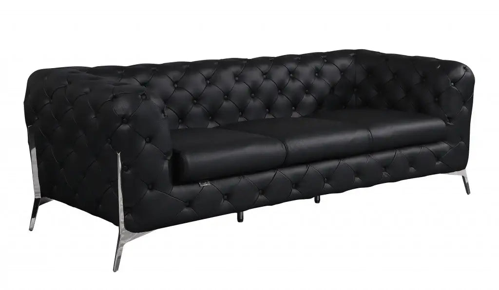 93" Black Italian Leather Chesterfield Sofa With Silver Legs - Homeroots - Flyclothing LLC