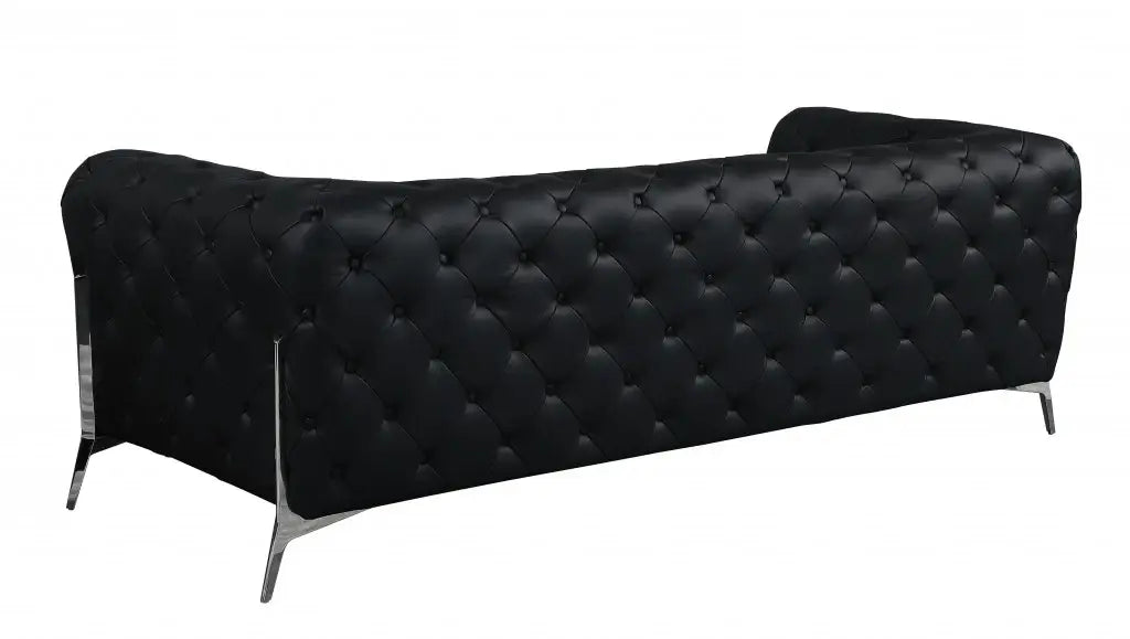 93" Black Italian Leather Chesterfield Sofa With Silver Legs - Homeroots - Flyclothing LLC