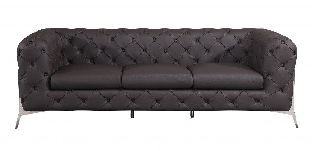 93" Brown Italian Leather Chesterfield Sofa With Silver Legs - Homeroots - Flyclothing LLC
