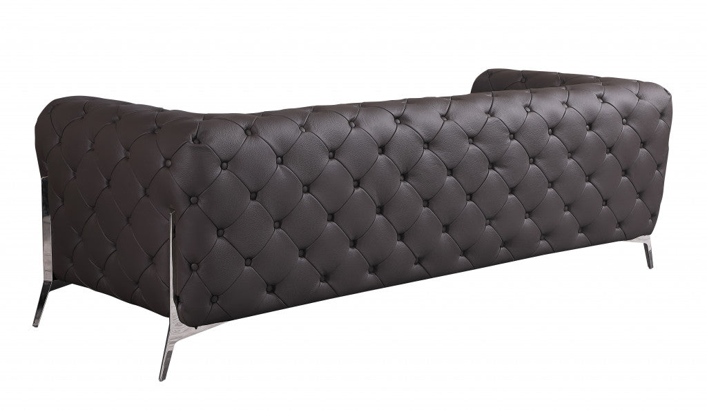 93" Brown Italian Leather Chesterfield Sofa With Silver Legs - Homeroots - Flyclothing LLC