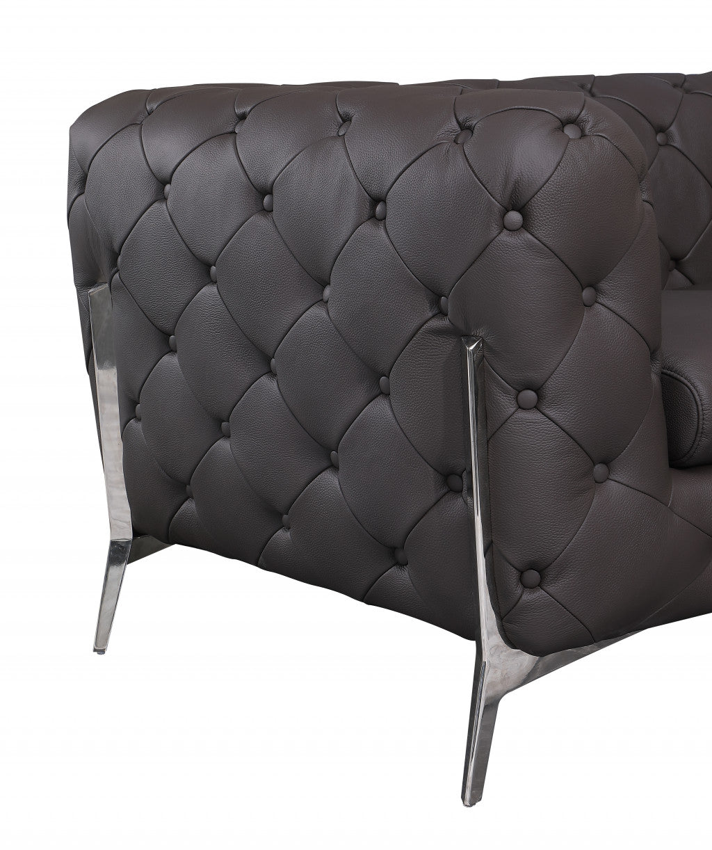 93" Brown Italian Leather Chesterfield Sofa With Silver Legs - Homeroots - Flyclothing LLC