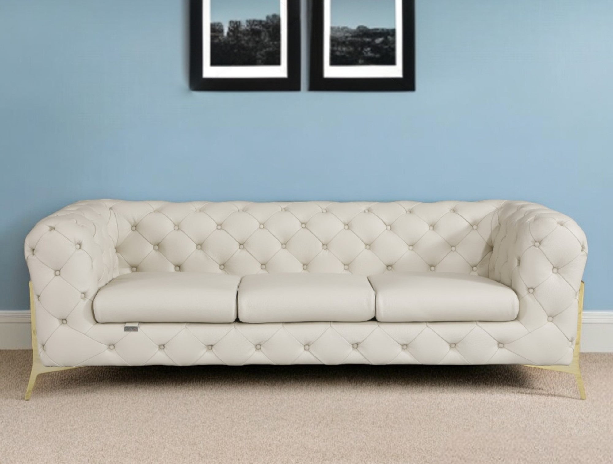 93" Beige Italian Leather Chesterfield Sofa With Silver Legs - Homeroots - Flyclothing LLC