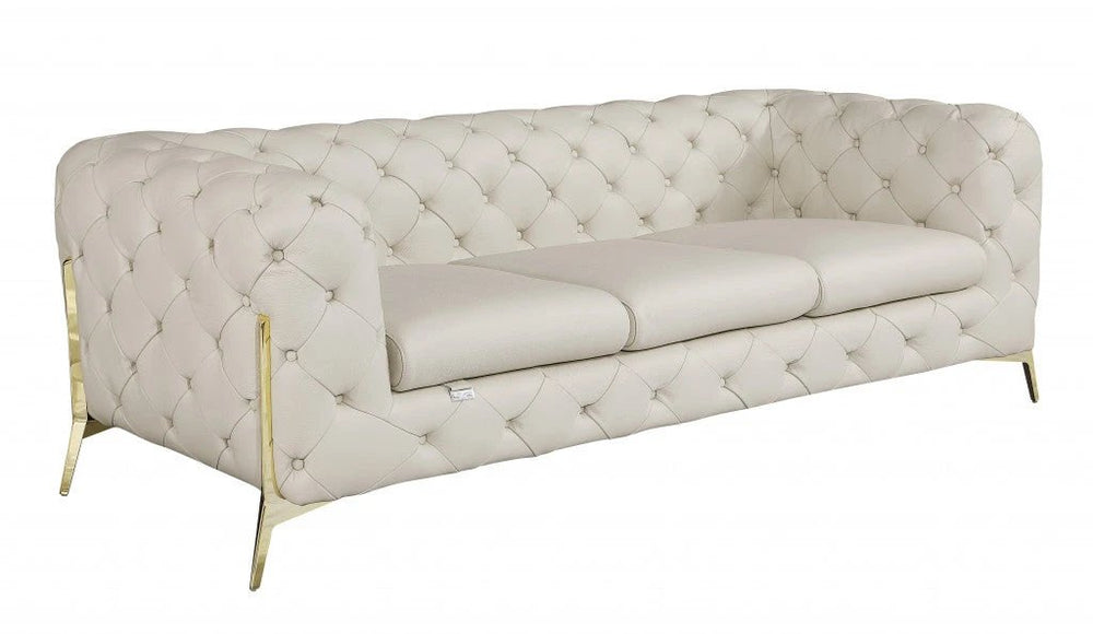 93" Beige Italian Leather Chesterfield Sofa With Silver Legs - Homeroots - Flyclothing LLC