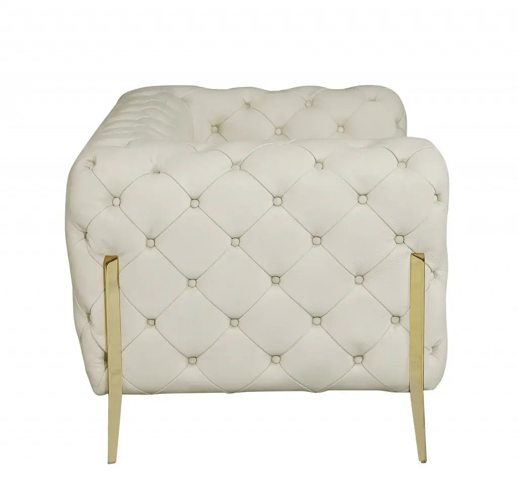 93" Beige Italian Leather Chesterfield Sofa With Silver Legs - Homeroots - Flyclothing LLC