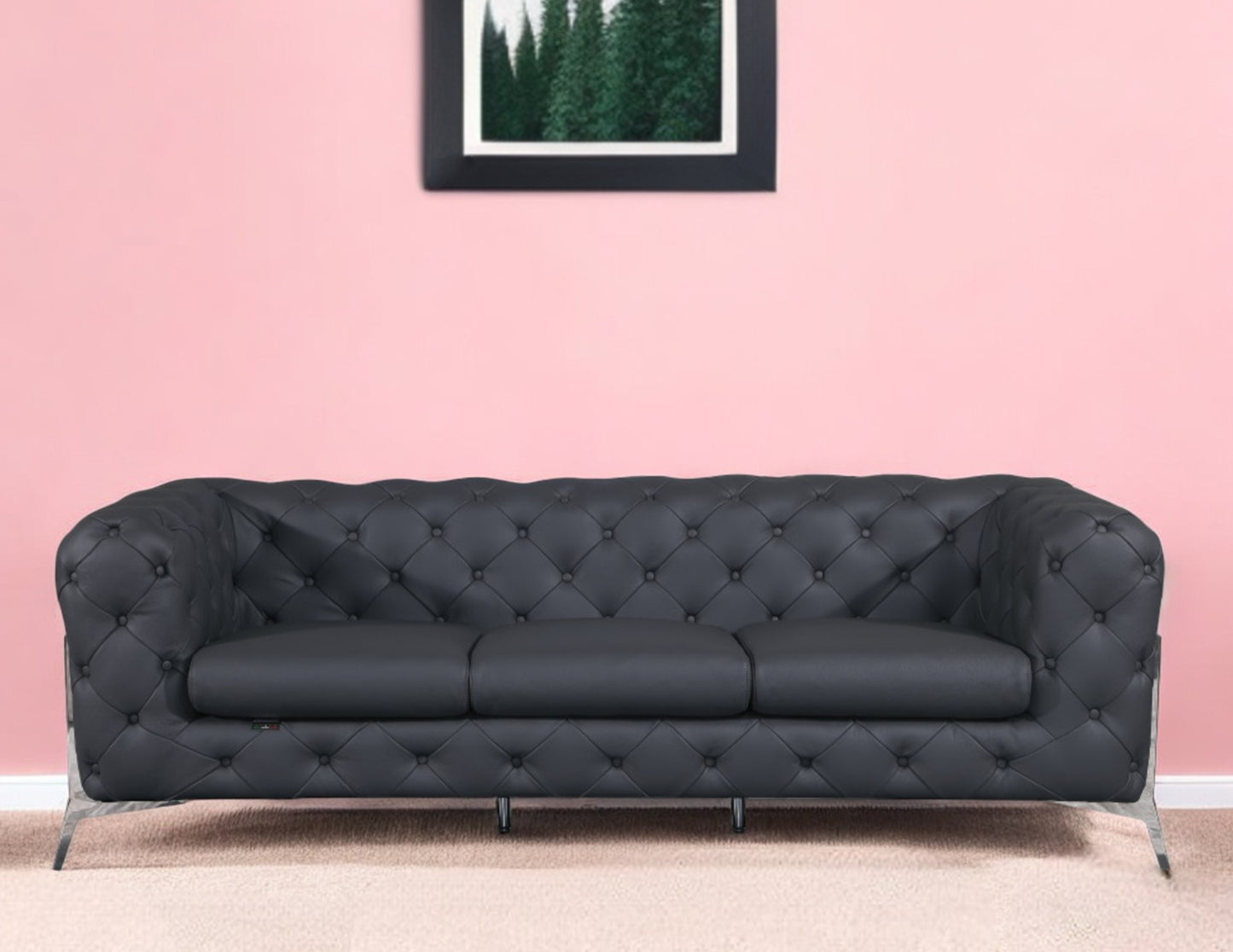 93" Dark Gray Italian Leather Chesterfield Sofa With Silver Legs - Homeroots - Flyclothing LLC