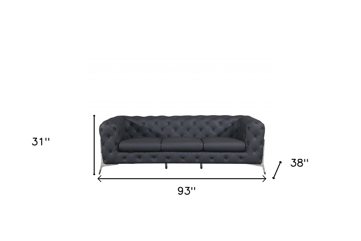 93" Dark Gray Italian Leather Chesterfield Sofa With Silver Legs - Homeroots - Flyclothing LLC