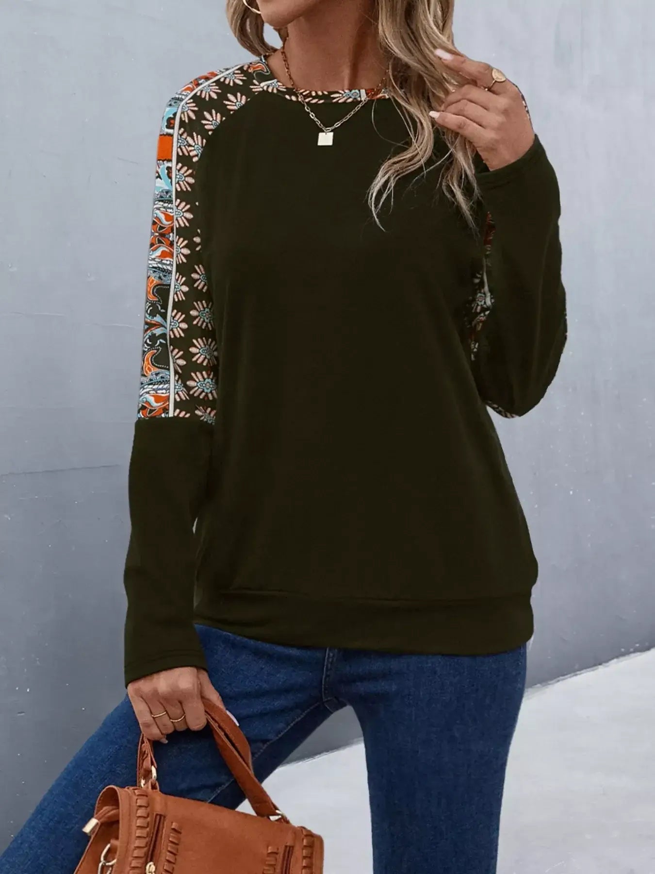 Printed Raglan Sleeve Round Neck T-Shirt - Trendsi - Flyclothing LLC