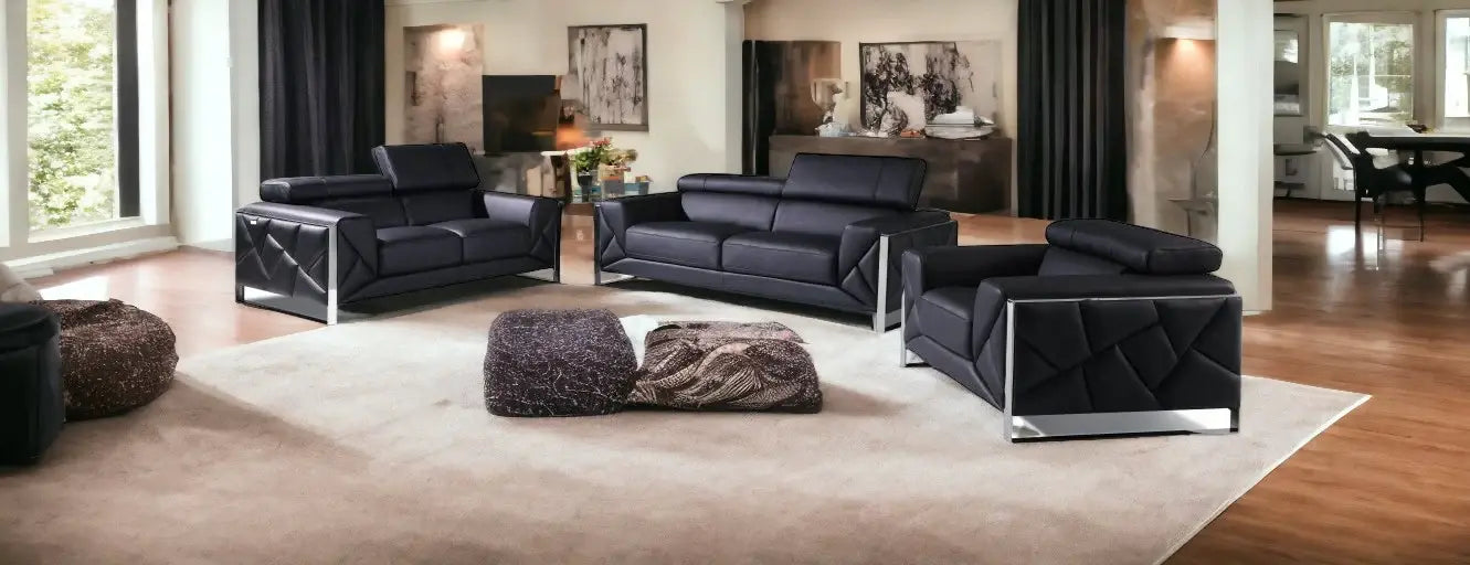 Three Piece Indoor Black Italian Leather Six Person Seating Set - Homeroots - Flyclothing LLC
