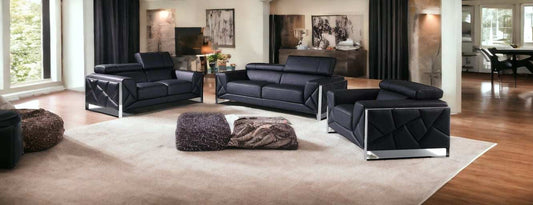 Three Piece Indoor Black Italian Leather Six Person Seating Set - Homeroots - Flyclothing LLC